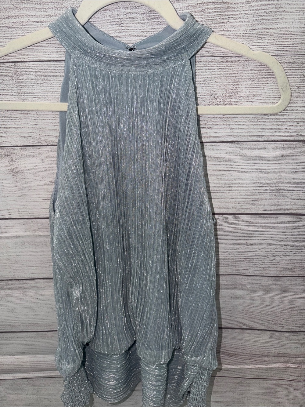 White House Black Market Light Blue High-Neck Pleated Metallic Camisole